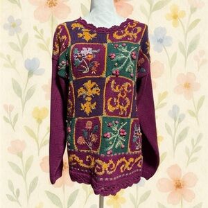 Vintage Casual Corner Ramie Cotton Sweater L Boho Cottagecore Embroidered Floral